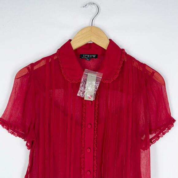 J Crew Women's Sheer Lace Trim Button Up Shirt Size 0 Red Short Sleeve - Picture 4 of 16